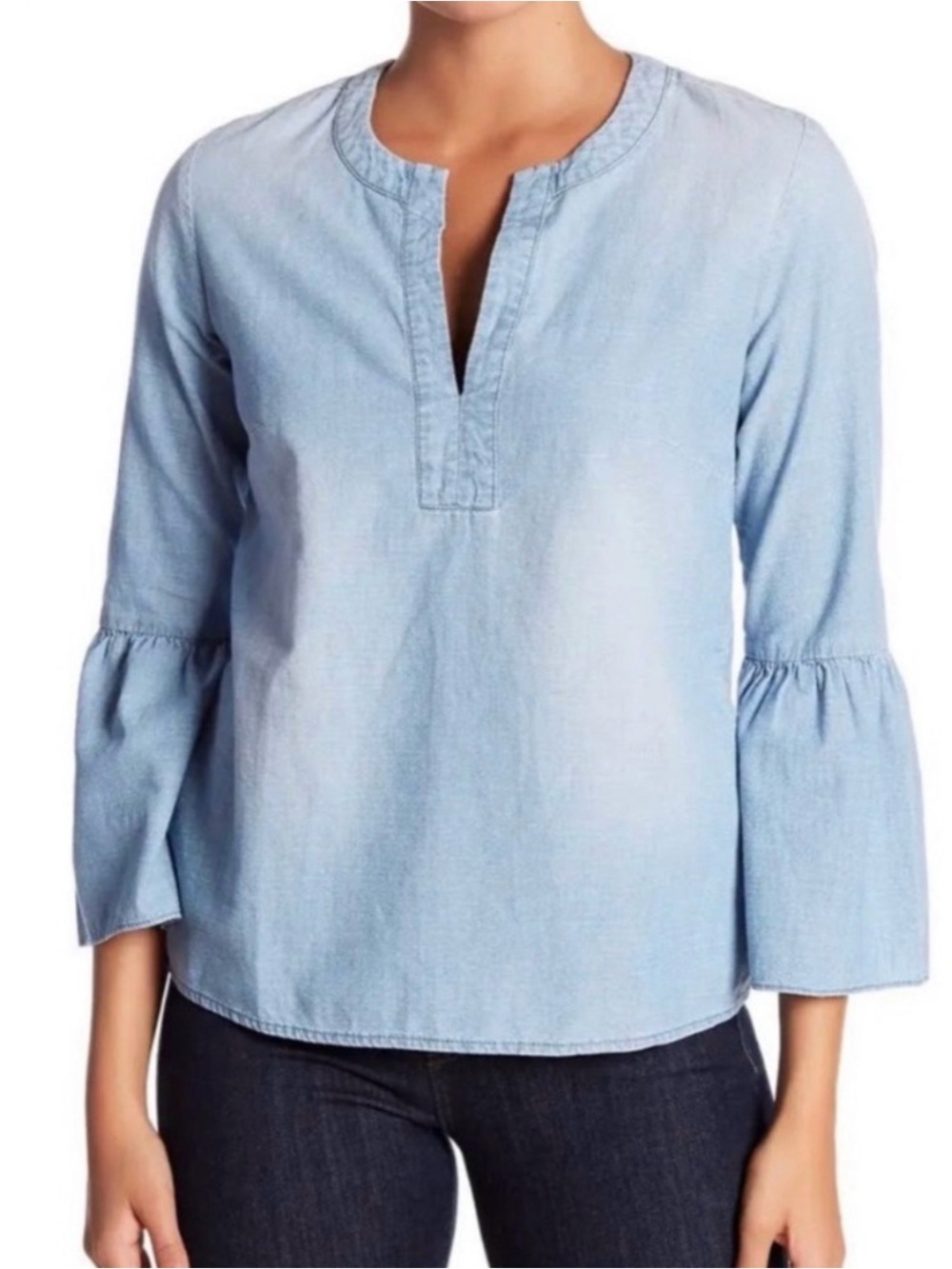 J. Crew Light Blue Chambray Split-Neck Tunic with Bell Sleeves, Plus Size XXL.